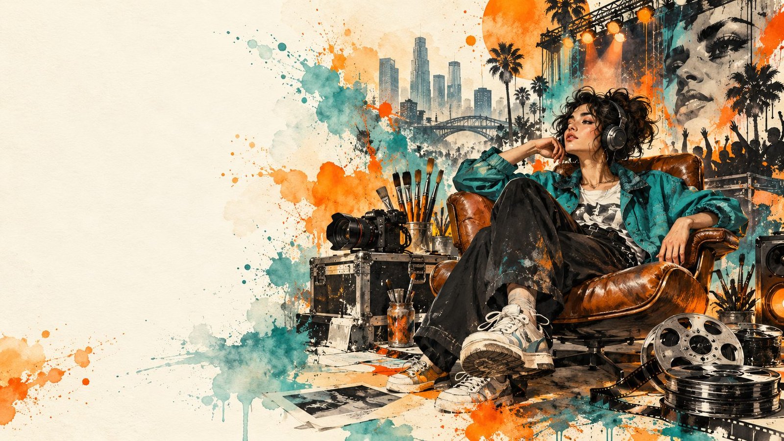 Watercolor collage of a creator with film, music and visual art elements